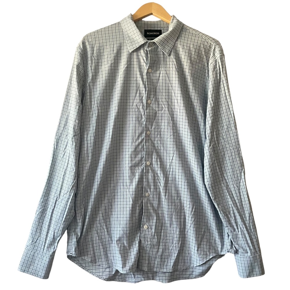 Bonobos Mens XL Long‎ Sleeve Tailored Fit Blue Checkered Button Up Shirt